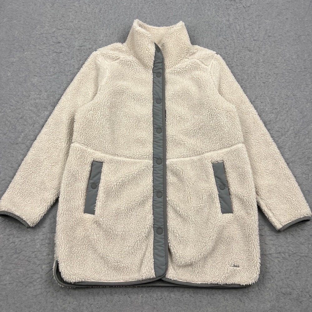 LL Bean Coat Women's LP Large Pet Beige Beans Sherpa Fleece Snap‎ Up Jacket Long